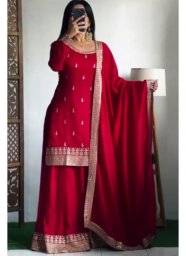 Chinnon Silk Red Festival Wear Embroidery Work Readymade Plazzo Suit